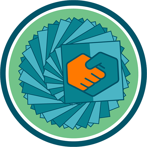 A circular logo featuring layered teal and blue shapes arranged in a spiral pattern, with a central image of an orange and blue handshake inside overlapping hexagonal shapes. The design is enclosed by green and dark teal circular borders, symbolizing collaboration and unity.